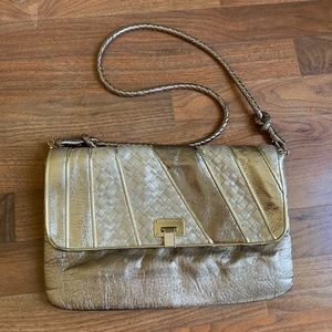 Elliot Lucca Patchwork Metallic Silver Shoulder Bag Woven Clutch Flap Bag
